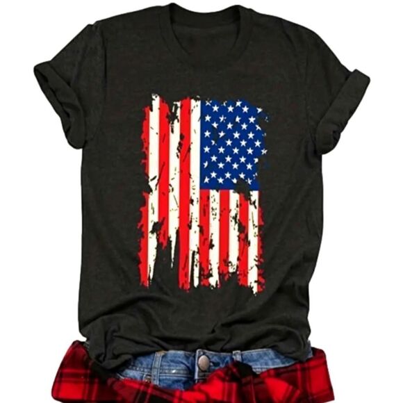 Women's Flag Print Crew Neck T-Shirt - Picture 1 of 3